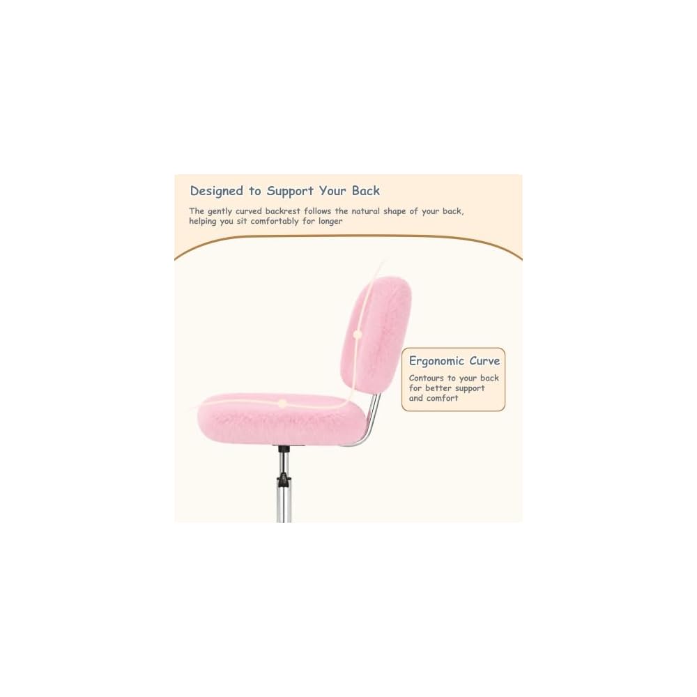 Vanity Chair with Wheels, Small Faux Fur Makeup Chair with Back Support for Bedroom & Dressing Room, Adjustable Swivel Rolling Chair, Armless, 10-Min Assembly, Pink