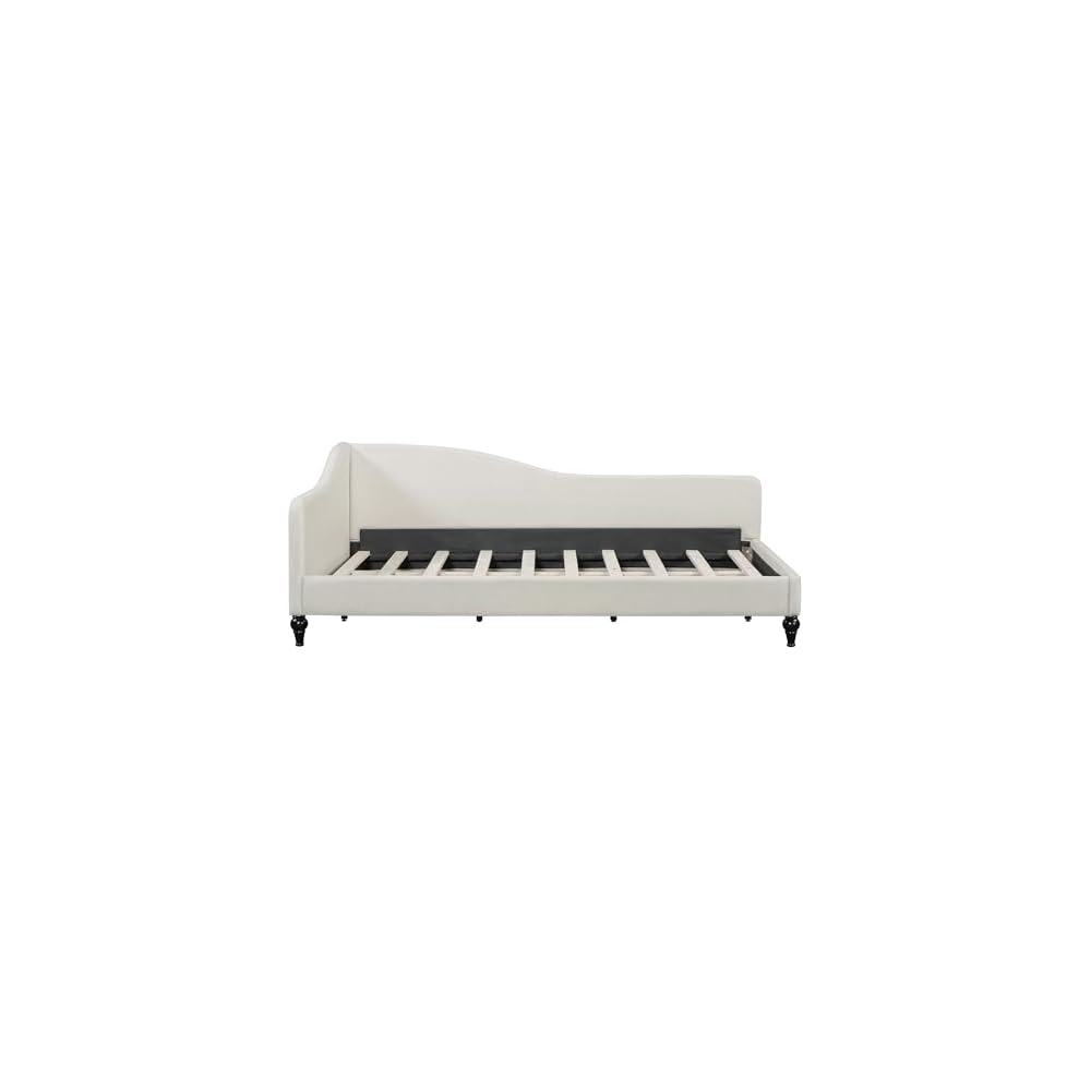 Twin Size Bed Frame Daybed, L-Shaped Linen Corner Sofa with Solid Wood Legs for Living Room & Guest Room, No Box Spring Needed, Beige