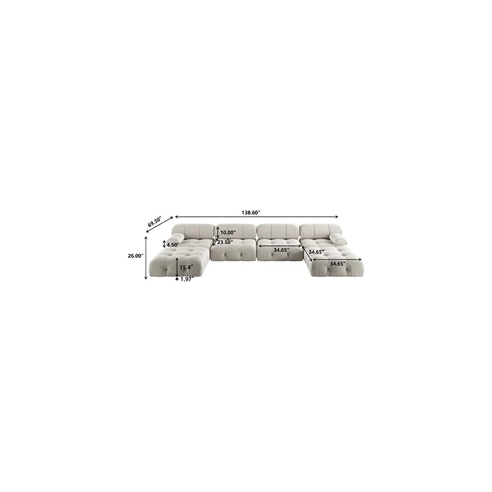 U-Shaped Sectional Couch, 138'' Modern Deep 4-Seat Couches, Minimalist Teddy Velvet Sectional Sofas with Chaise Ottomans, Convertible Modular Sleeper Sofa for Living Room Apartment (Beige)