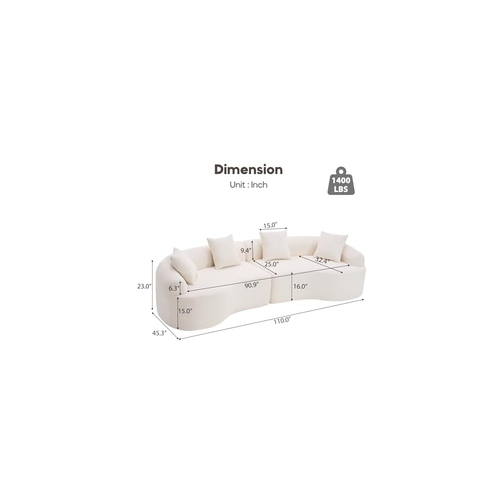 110‘’ Boneless Curved Sofa, Modern Cloud 4-Seater Floor Couch, Minimalist Compression Sofa for Living Room Apartment Studio Office, No Assembly Needed(Chenille, Beige White)