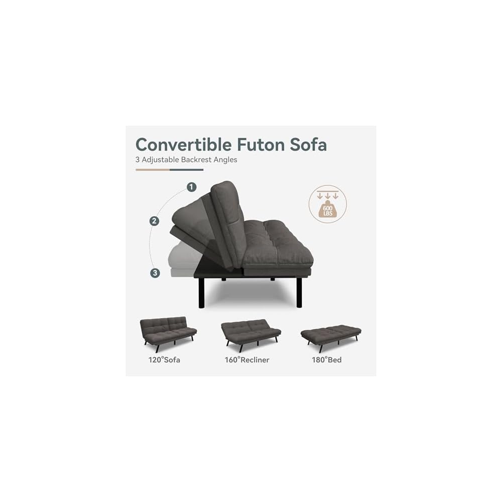 Futon Sofa Bed Convertible Couch, Grey Linen Sofa Bed