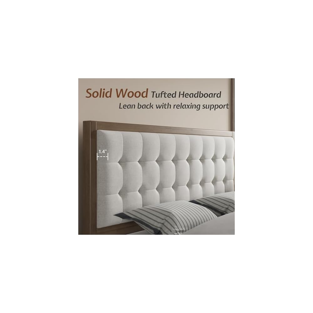 Solid Wood Queen Bed Frame,50" Upholstered Headboard,Ash Gray