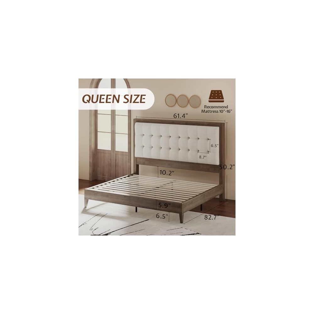 Solid Wood Queen Bed Frame,50" Upholstered Headboard,Ash Gray