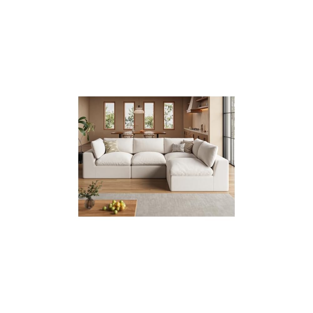 120" Cloud Sectional Couches for Living Room | Oversized Boneless Modular Sofa with 4 Seat L-Shaped Design | Deep Seat Chenille Couch | Ivory White