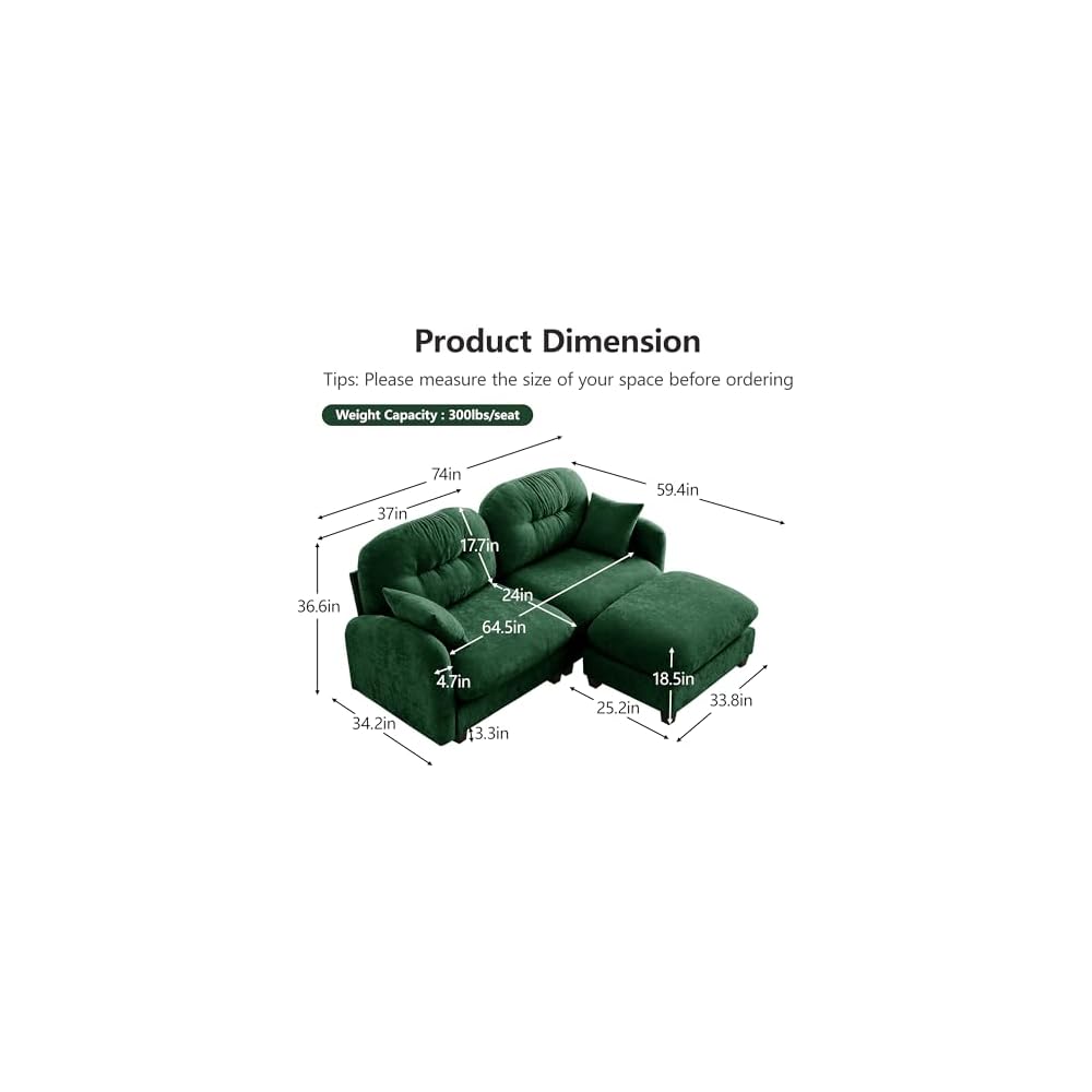 Cloud Couches for Living Room, Modular Sectional Sofa, 74" L-Shape Green
