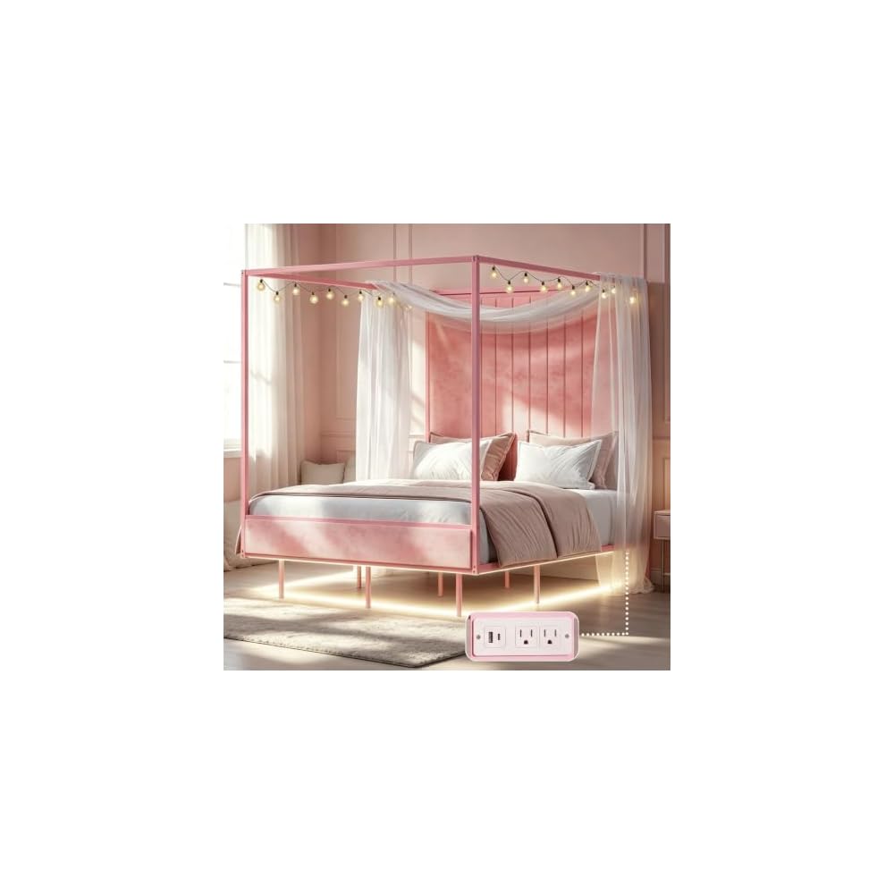 Queen Canopy Bed with Tall Headboard, Charging Station & LED Light (Pink)
