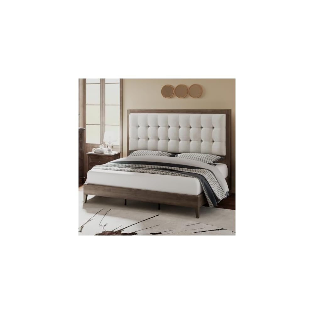 Solid Wood Queen Bed Frame,50" Upholstered Headboard,Ash Gray