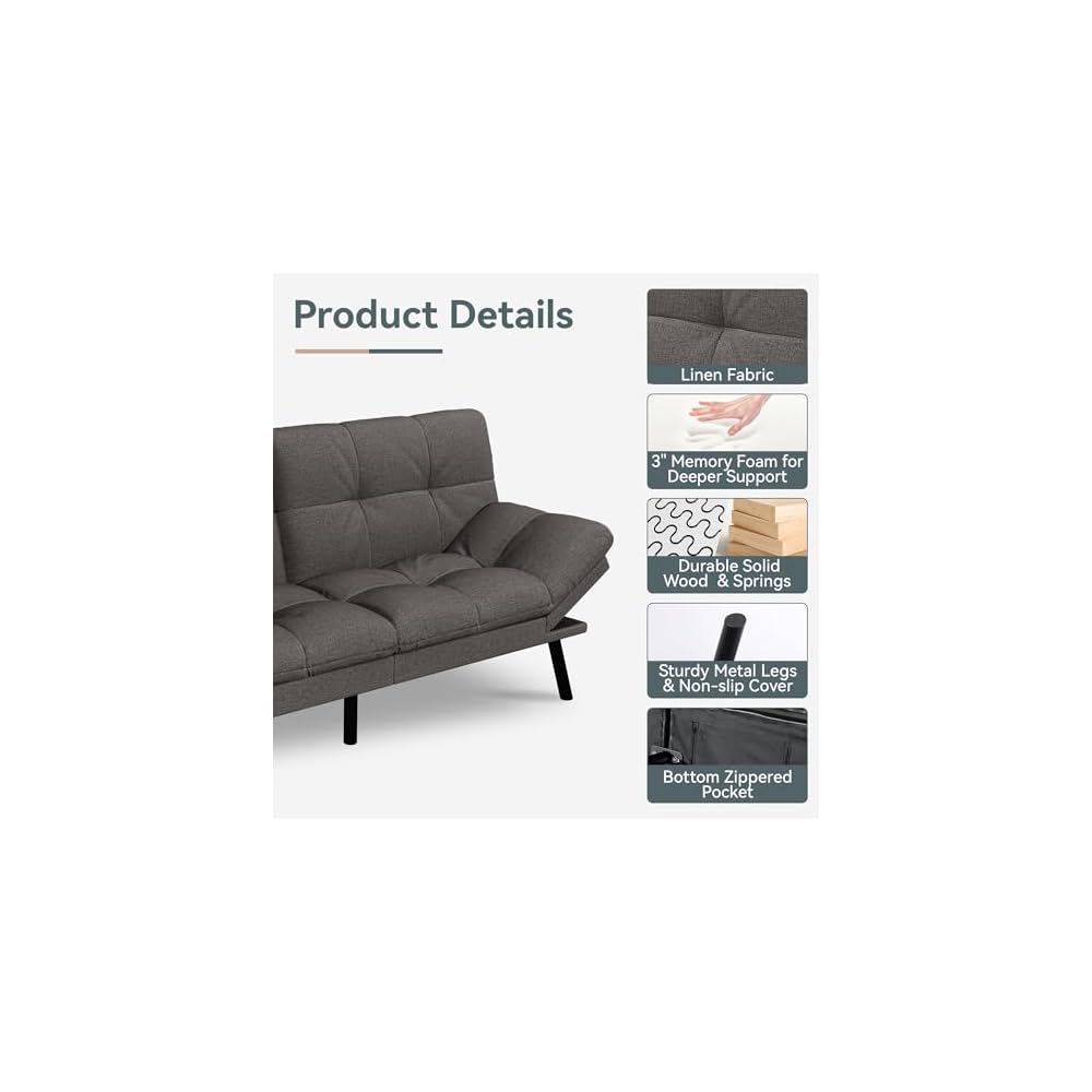 Futon Sofa Bed Convertible Couch, Grey Linen Sofa Bed