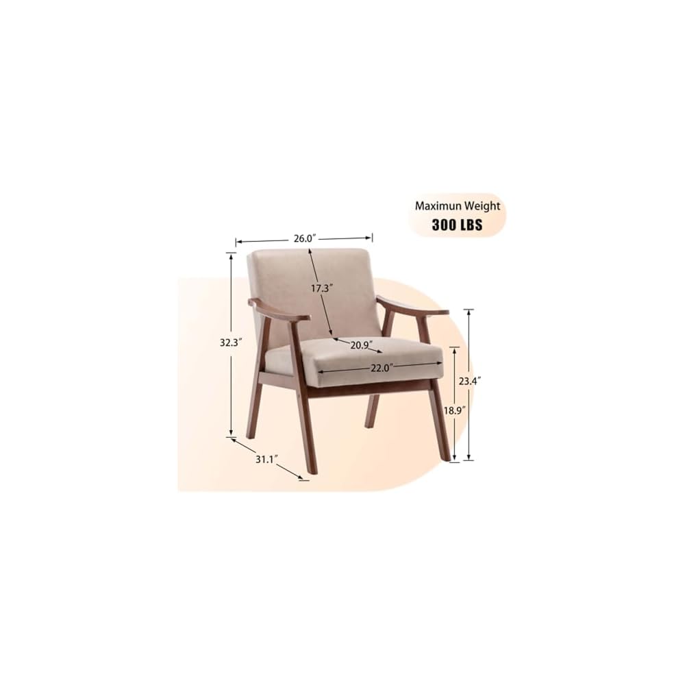 Accent Chair Mid Century Modern Armchair, Upholstered Lounge Chair with Solid Wood Frame for Living Room Bedroom Reading Room(Light Camel)