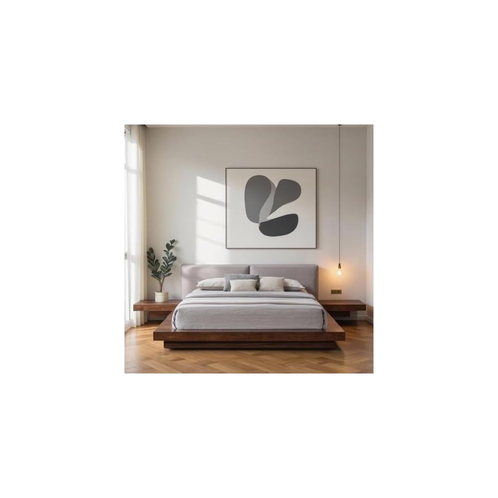 Eastern Queen Bed Frame, Solid Acacia Wood with American Walnut Finish, Low Profile King Platform Bed with Floating Nightstands and Headboard