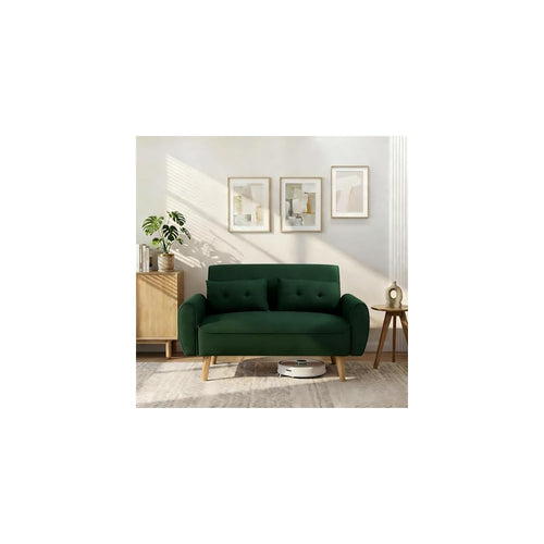 48'' Loveseat Sofa, Mid-Century Modern Upholstered Couch Deep Seat with 2 Pillows, 10" Thick Cushion with Spring, Solid Wood Frame Small Couch for Living Room, Dorms & Office, Green