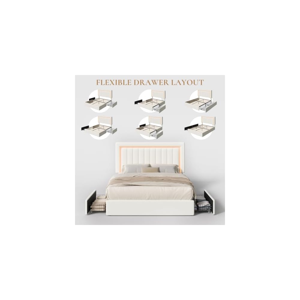 Full Size Bed Frame with LED Lights,2 Storage Drawers, Cream