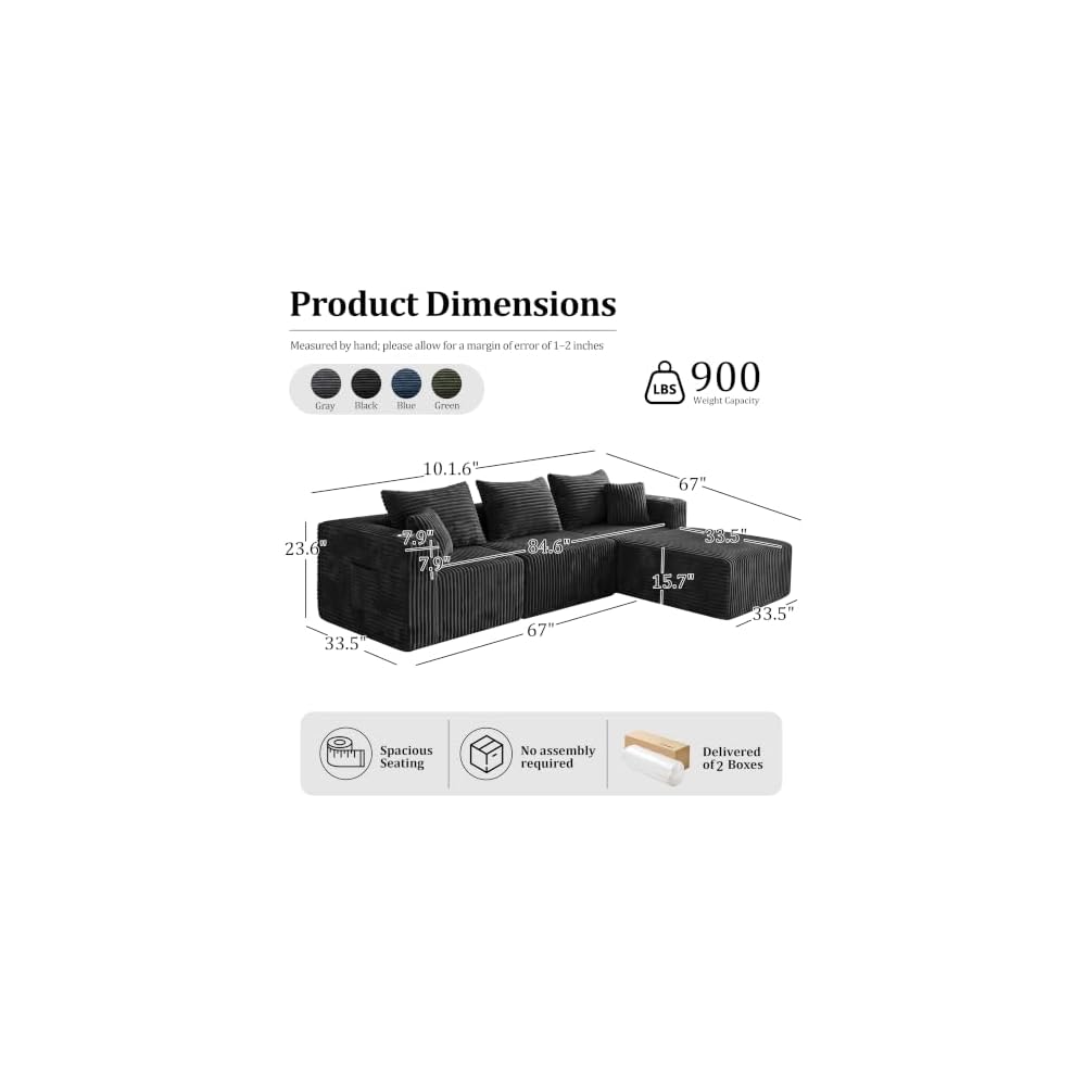 102" Boneless Modular Sectional Sofa 4 Seater Foam Sectional Corduroy Couch with Ottoman, Cup Holders & Side Storage Pockets, No Assembly Needed (Black, 102" L Shape)