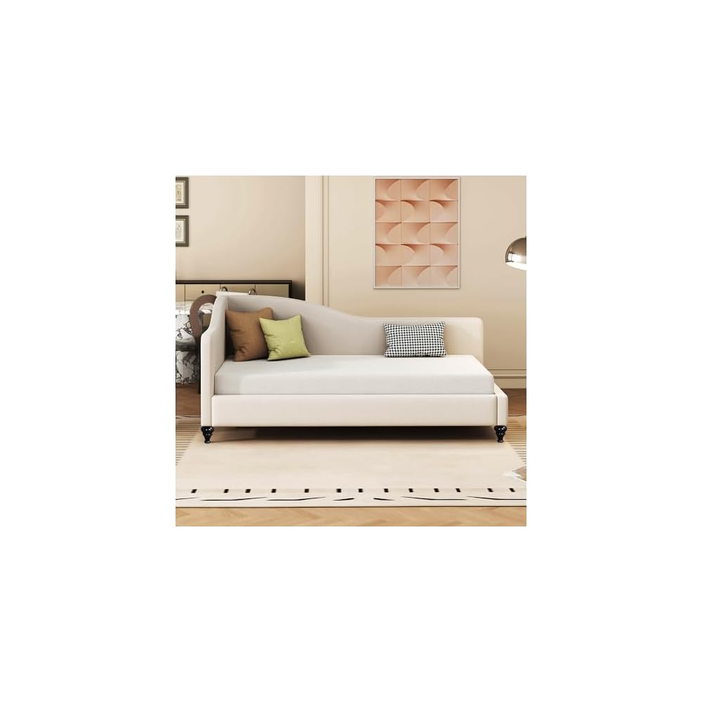 Twin Size Bed Frame Daybed, L-Shaped Linen Corner Sofa with Solid Wood Legs for Living Room & Guest Room, No Box Spring Needed, Beige