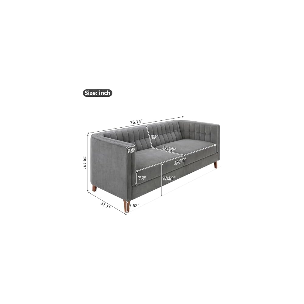 Modern 3 Seater Sofa 76 Inch Chenille Upholstered Couch with Curved Armrests Channel Tufted Back and Birch Wood Legs for Living Room Apartment, Gray
