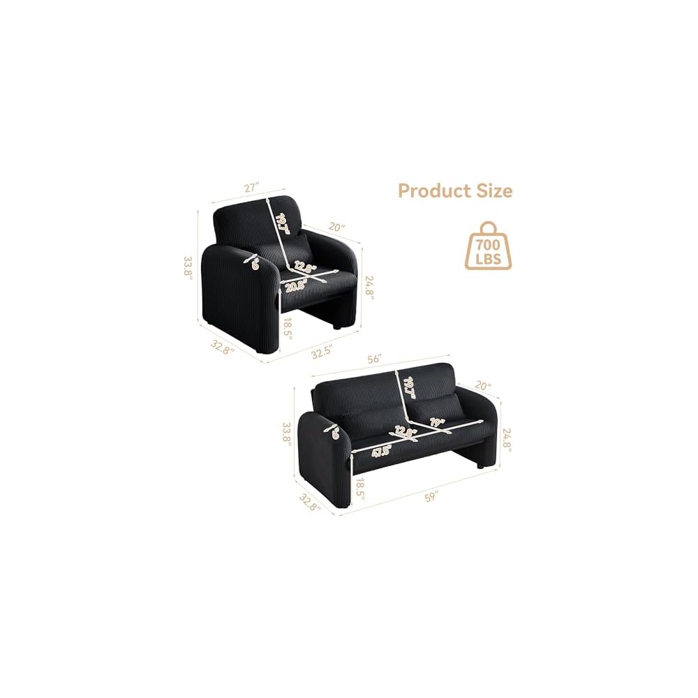 Corduroy Accent Living Room Sets, Modern Upholstered Love Seat with 2 Accent Chairs, Wide Comfy Leisure Chair Sets for Bedroom, Office, Black