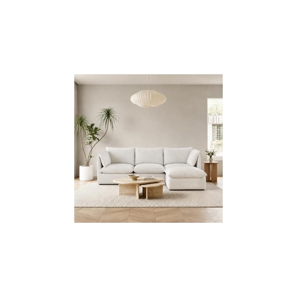 Waterproof Cloud Modular Sectional Sofa, 94.6" Down Filled Cloud Couches for Living Room, 4 Seater Modular Couch with Removable Covers, High Backrest, Cream White Linen Blend Spill-Proof Fabric