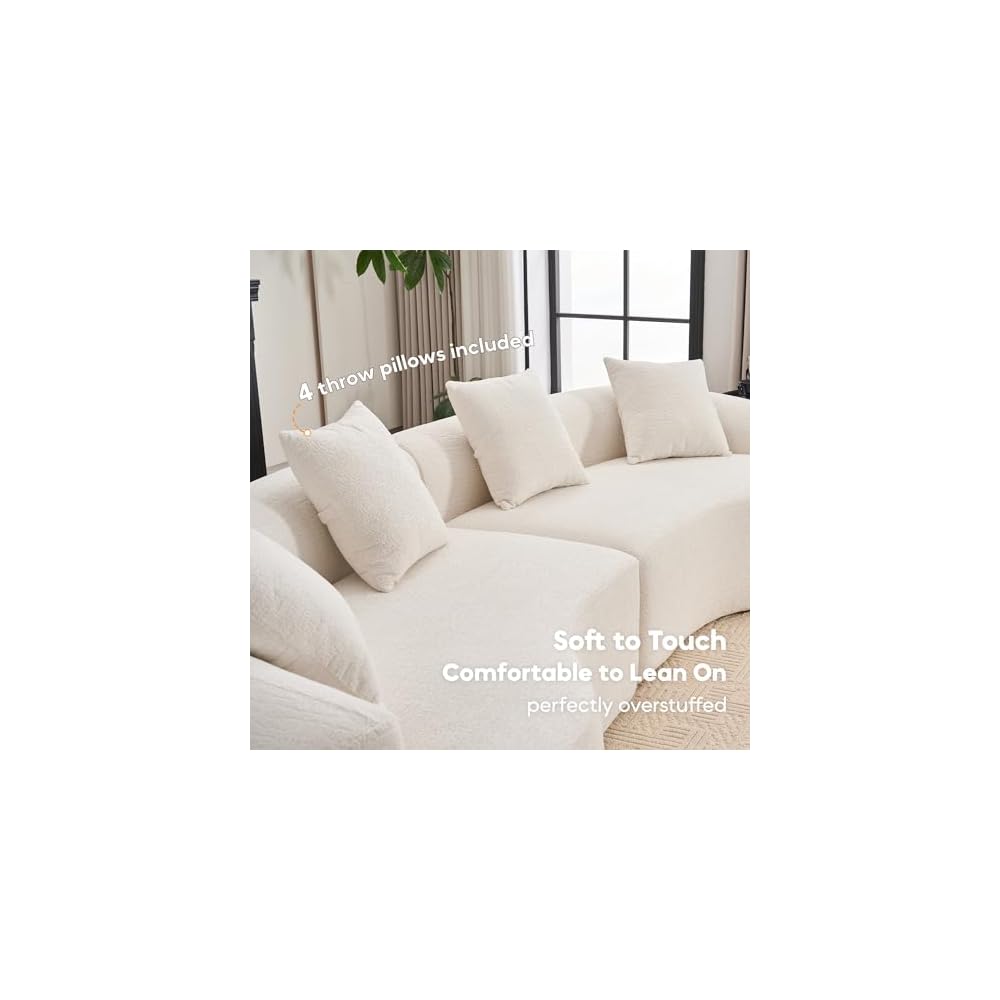 110‘’ Boneless Curved Sofa, Modern Cloud 4-Seater Floor Couch, Minimalist Compression Sofa for Living Room Apartment Studio Office, No Assembly Needed(Chenille, Beige White)