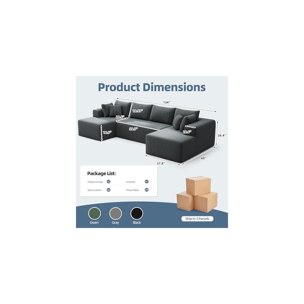 134'' Cloud Couch U-Shaped Sectional Sofa, Corduroy Boneless Couches