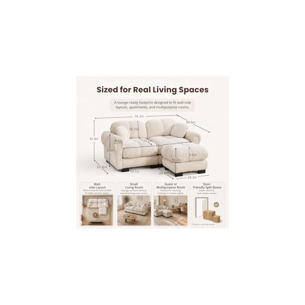 Modular Sectional Couch, 76.3-Inch 2 Seater Chenille Cloud Couch with High Back, Thick Pillows, Hook-and-Loop Cushion Fasteners, Easy 20-Minute Assembly for Living Room, 1 Ottoman, White