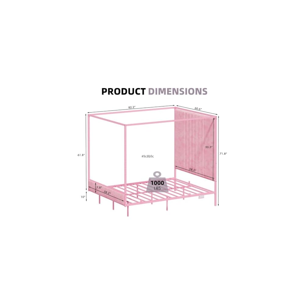 Queen Canopy Bed with Tall Headboard, Charging Station & LED Light (Pink)