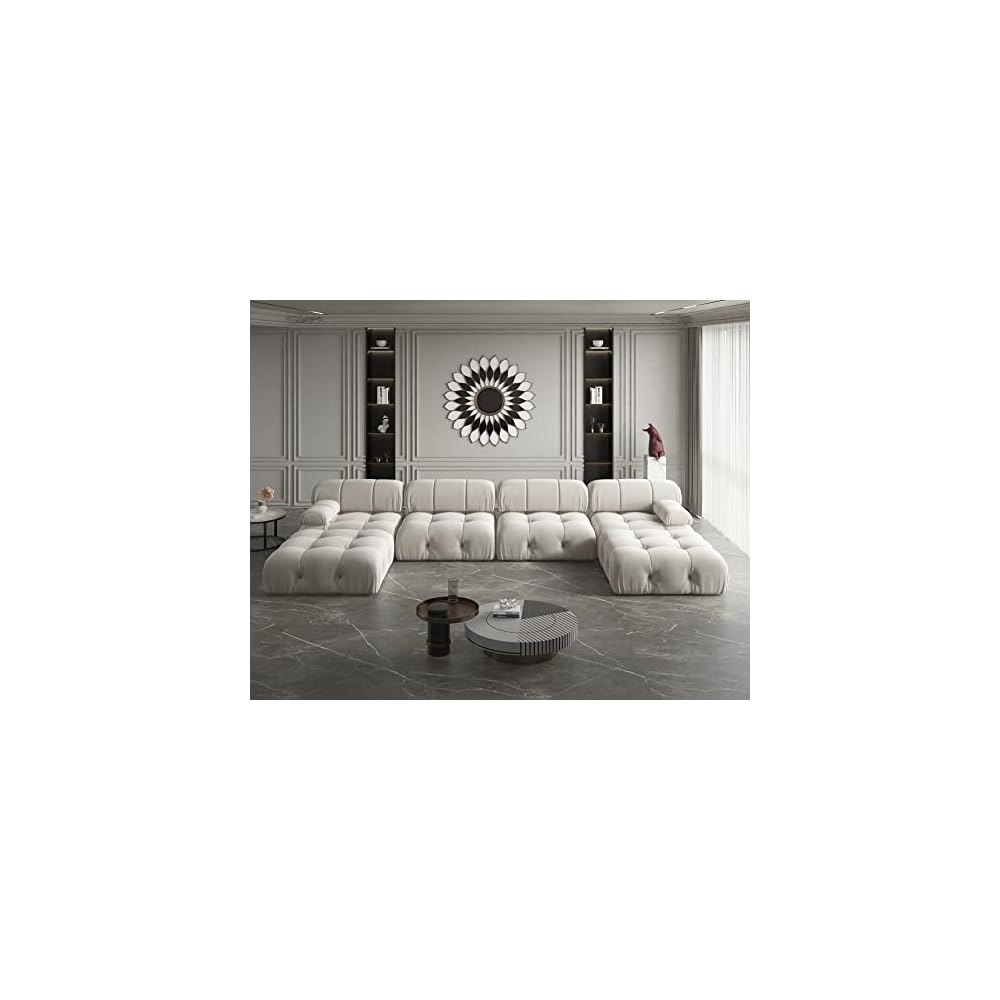 U-Shaped Sectional Couch, 138'' Modern Deep 4-Seat Couches, Minimalist Teddy Velvet Sectional Sofas with Chaise Ottomans, Convertible Modular Sleeper Sofa for Living Room Apartment (Beige)