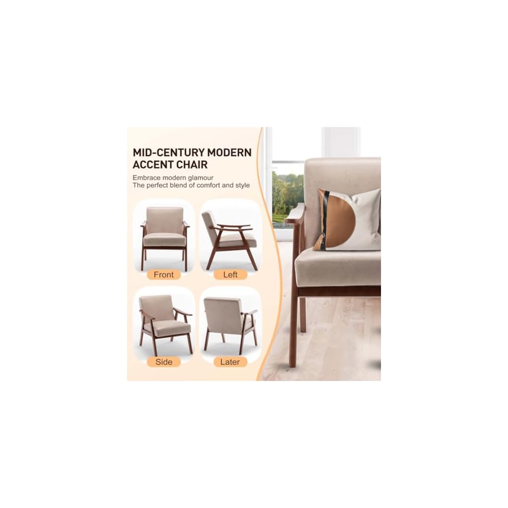 Accent Chair Mid Century Modern Armchair, Upholstered Lounge Chair with Solid Wood Frame for Living Room Bedroom Reading Room(Light Camel)