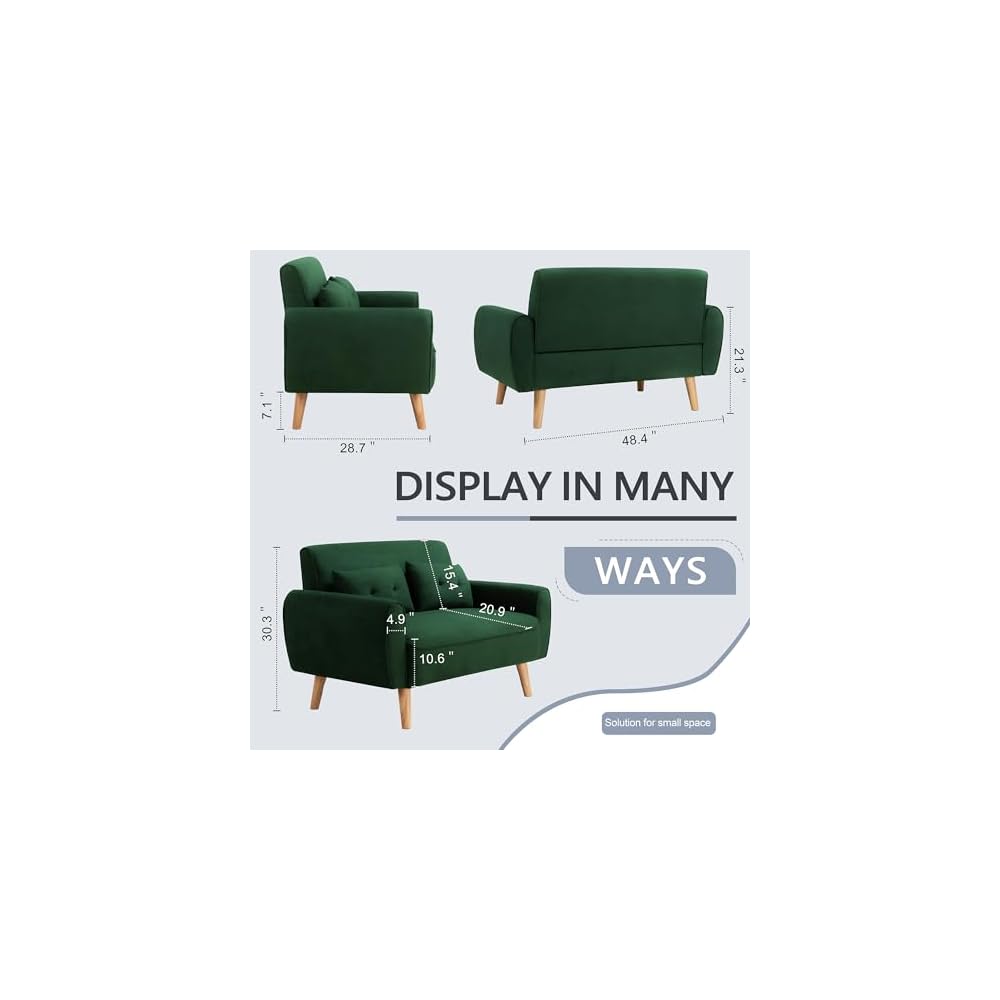 48'' Loveseat Sofa, Mid-Century Modern Upholstered Couch Deep Seat with 2 Pillows, 10" Thick Cushion with Spring, Solid Wood Frame Small Couch for Living Room, Dorms & Office, Green