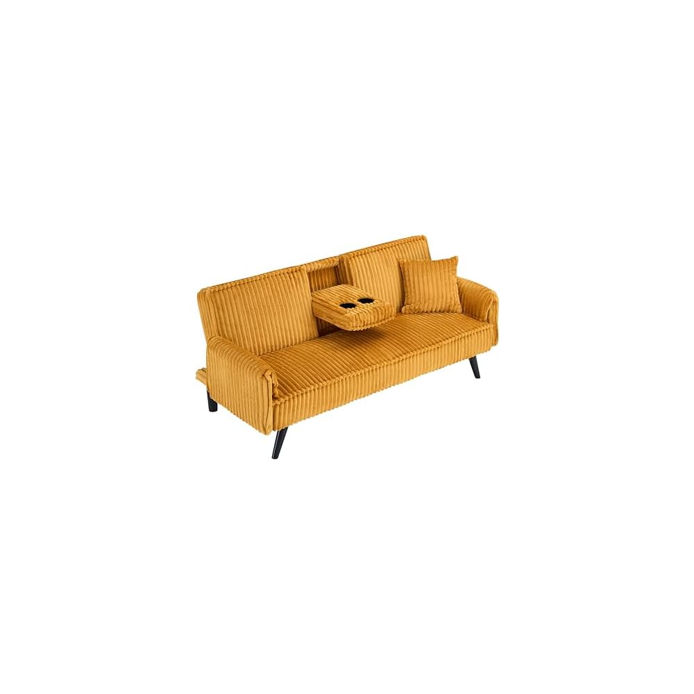 72" Plush Corduroy Upholstered Futon Sofabed for Living Room Bedroom Studio, Modern Futon Sleeper Bed Convertible Love Seat Sofa W/Adjustable Backrest & Drop-Down Cupholders