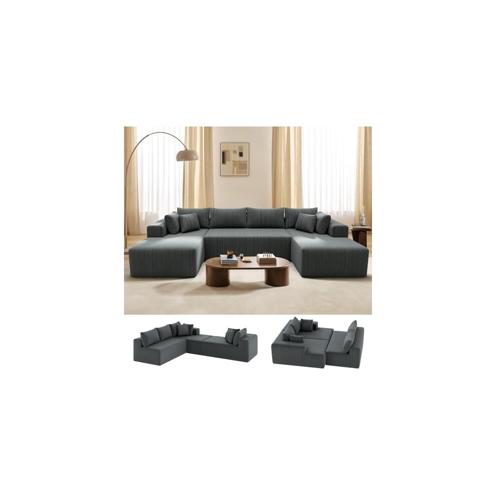 134'' Cloud Couch U-Shaped Sectional Sofa, Corduroy Boneless Couches