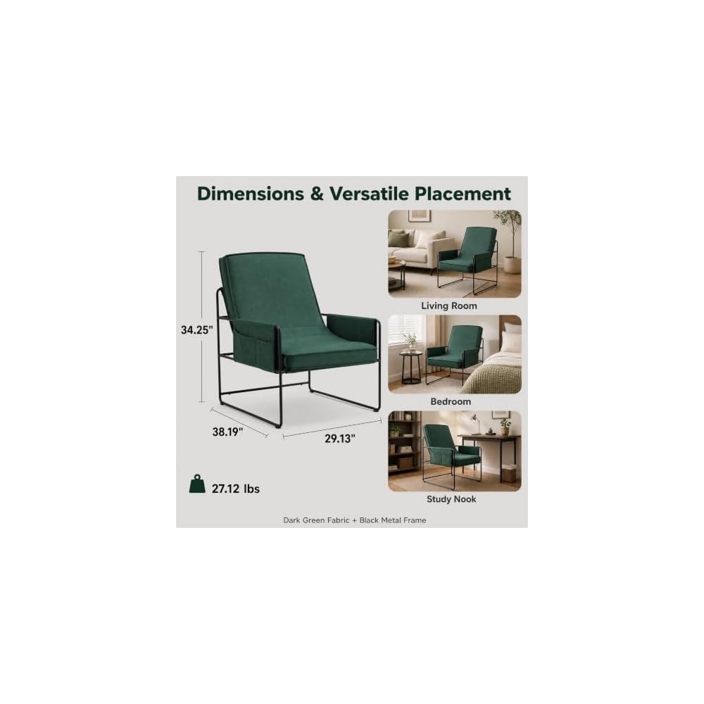 Modern Accent Chair with Armrests, Natural Cotton Cushions, Green