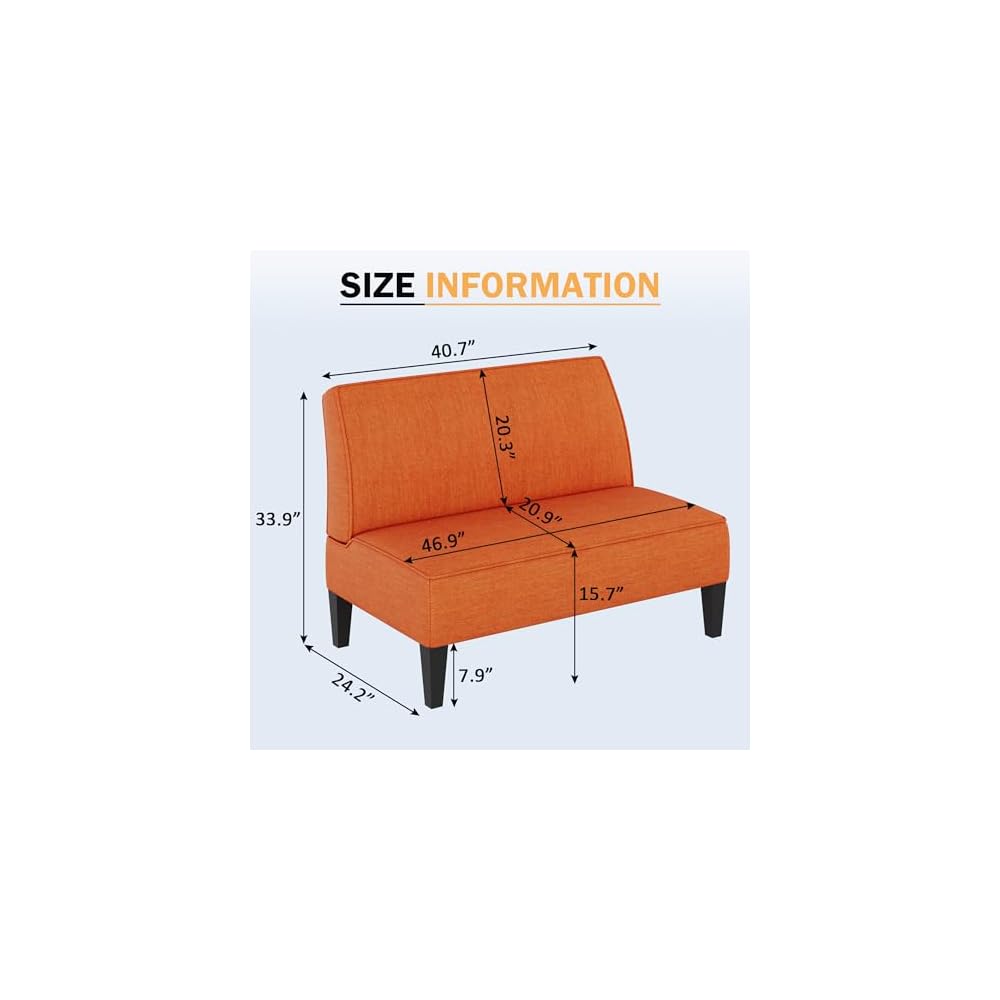 Small Loveseat, Orange Mini Sofa Couch Accent Upholstered Bench with Back Living Room Bedroom Office Armless Love Seat Settee