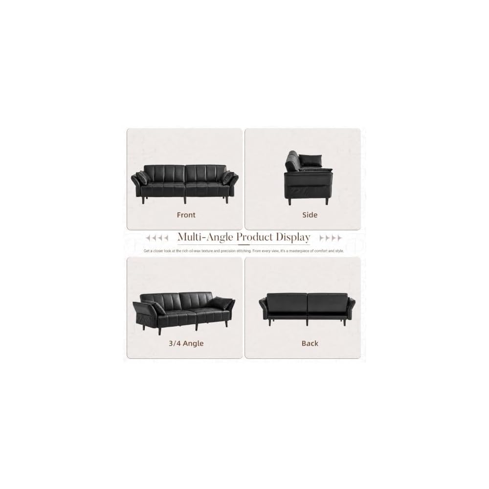 Faux Leather Futon Sofa Bed, Mid-Century Modern Loveseat Couch