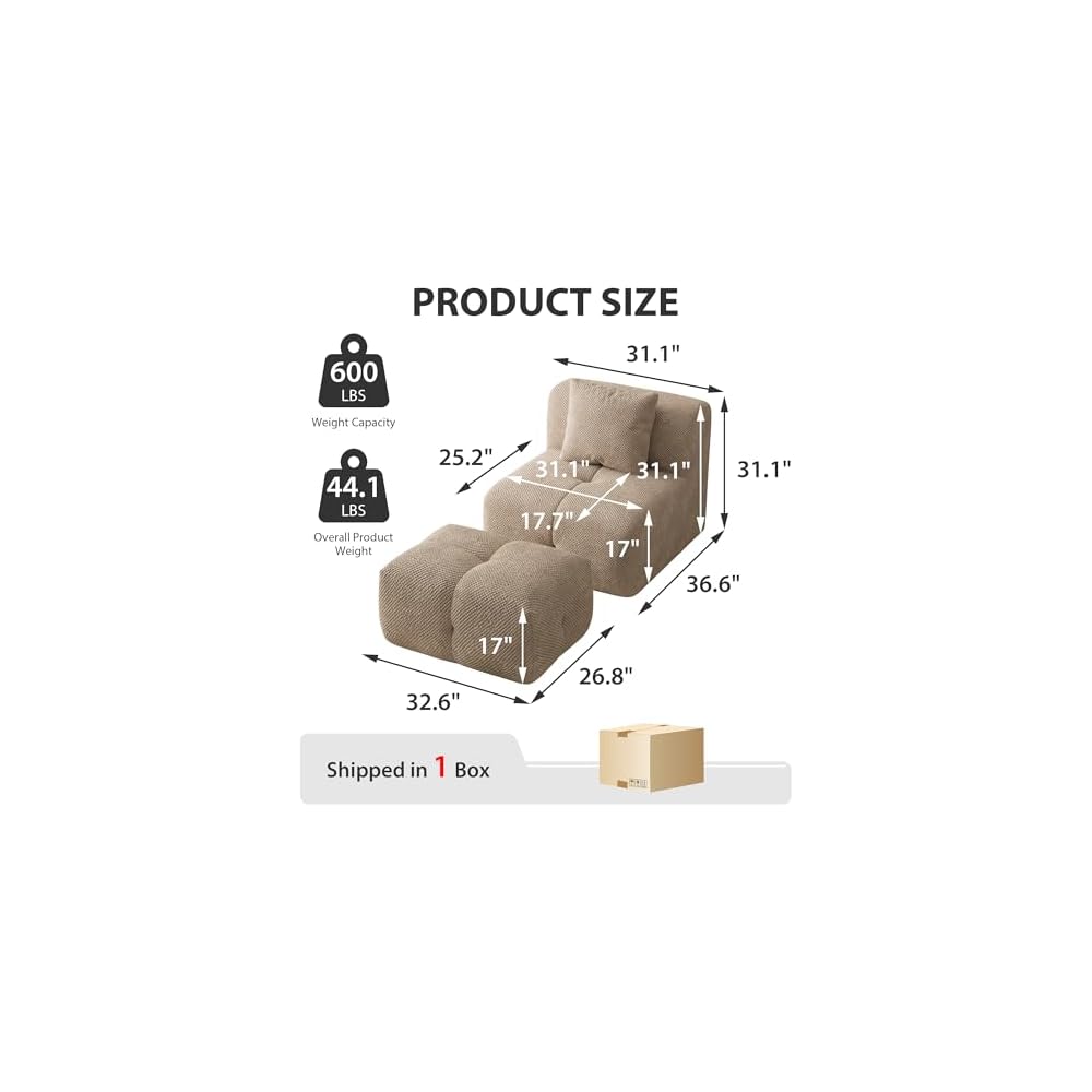 31" Oversized Boneless Single Sofa with Ottoman & Pillow Upholstered Reading Couch and Ottoman Set for Living Room, Bedroom, Reading Nook,Taupe