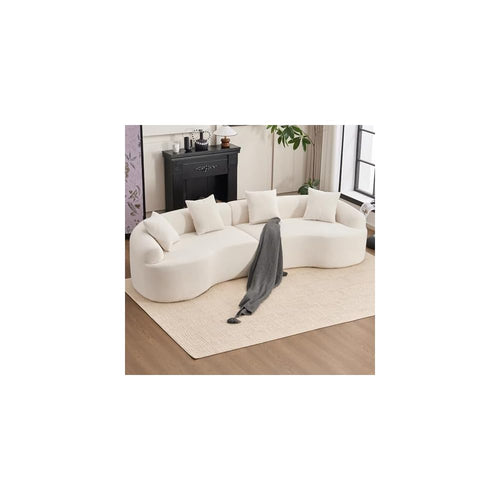 110‘’ Boneless Curved Sofa, Modern Cloud 4-Seater Floor Couch, Minimalist Compression Sofa for Living Room Apartment Studio Office, No Assembly Needed(Chenille, Beige White)