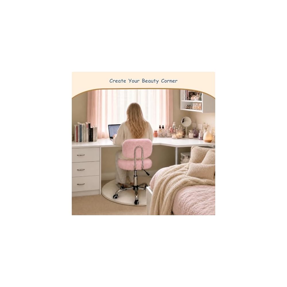 Vanity Chair with Wheels, Small Faux Fur Makeup Chair with Back Support for Bedroom & Dressing Room, Adjustable Swivel Rolling Chair, Armless, 10-Min Assembly, Pink