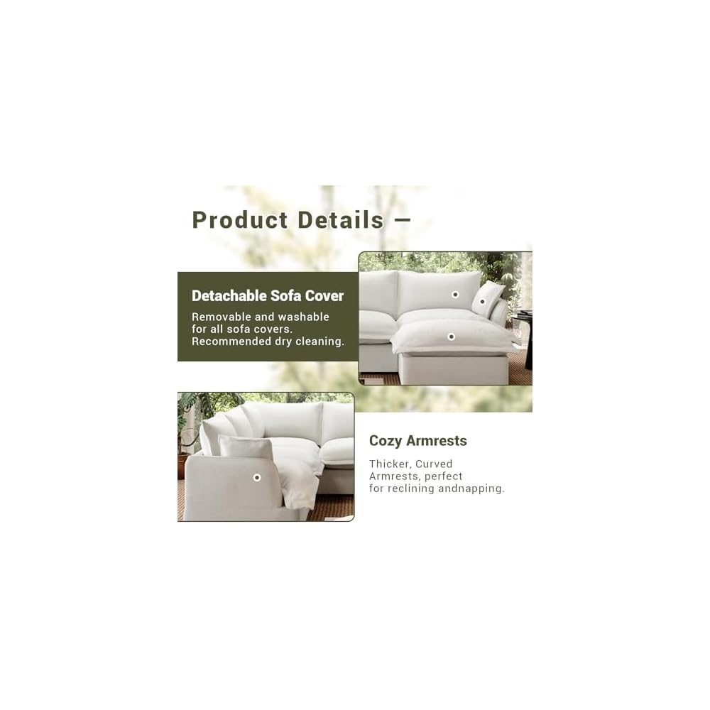 Linen Blend Cloud Couch Sectional for Living Room, Comfy Down Filled Cloud Modular Sectional Sofa, Modern Convertible Deep Seat Modular Couch Sleeper Sofa Bed, Removable & Washable Covers