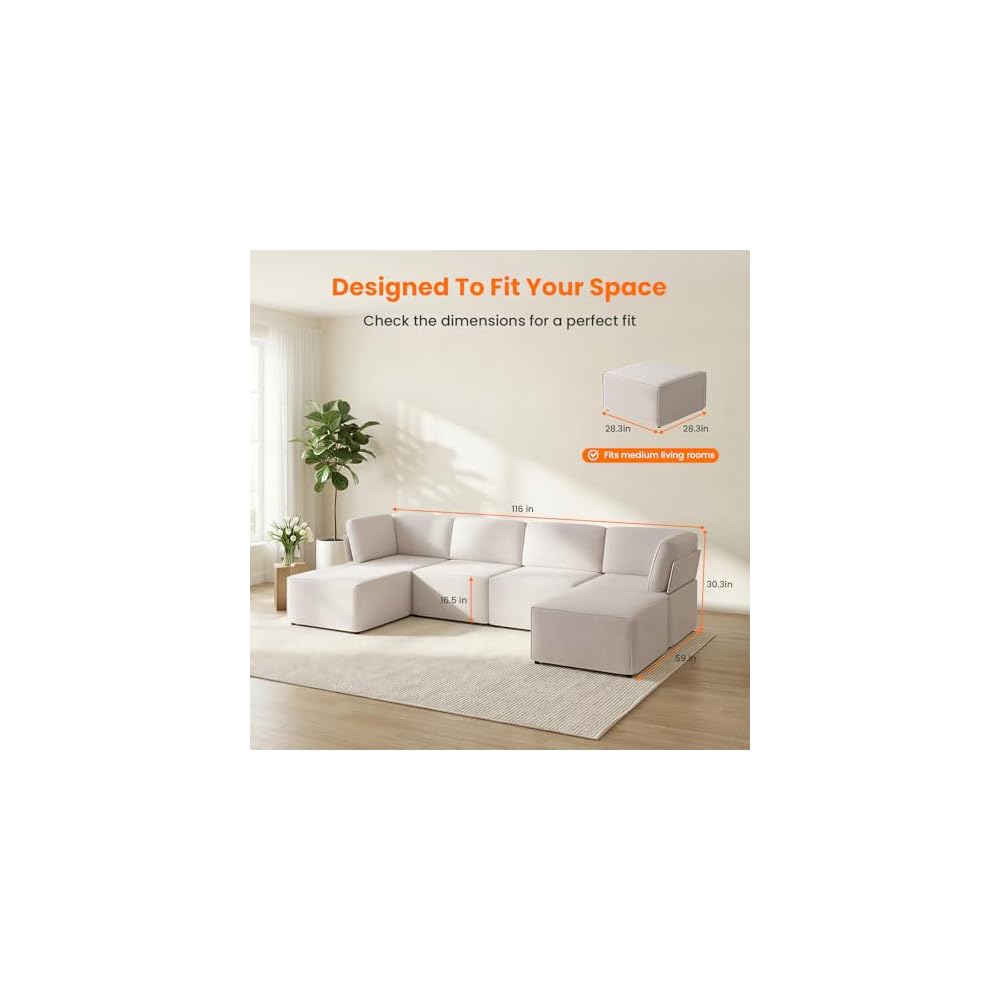 Modular Sectional Sofa, U Shaped Convertible Couch Sofa with Reversible Chaises, Queen Sleeper Sofa, Modular Oversized Sofa Couches for Living Room (Beige)