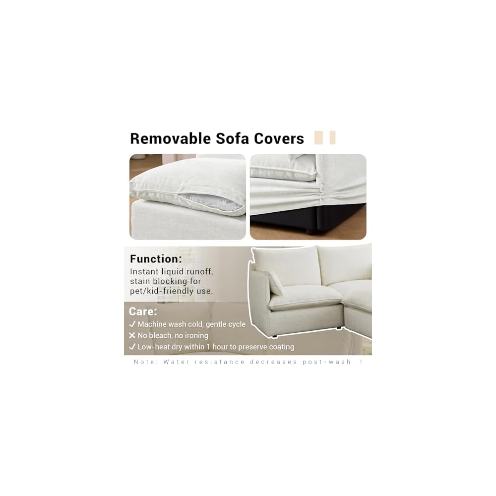 Waterproof Cloud Modular Sectional Sofa, 94.6" Down Filled Cloud Couches for Living Room, 4 Seater Modular Couch with Removable Covers, High Backrest, Cream White Linen Blend Spill-Proof Fabric