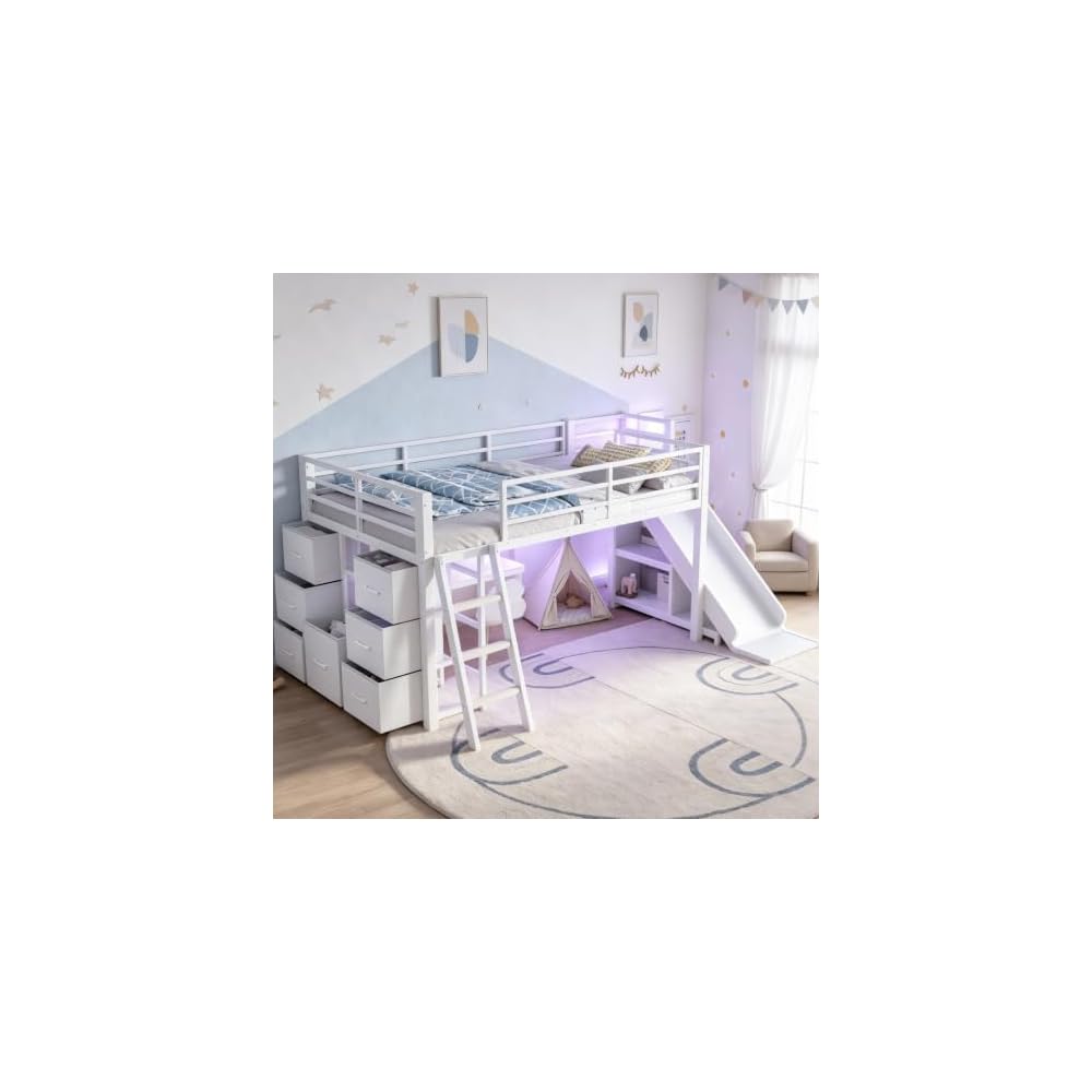 Twin Loft Bed with Slide & Ladder, Metal Kids Loft Bed with Storage Drawers & LED Lights, Low Loft Bed Twin Size with Wood Wardrobe & Bookcase, Loft Bed for Kids Teens, White