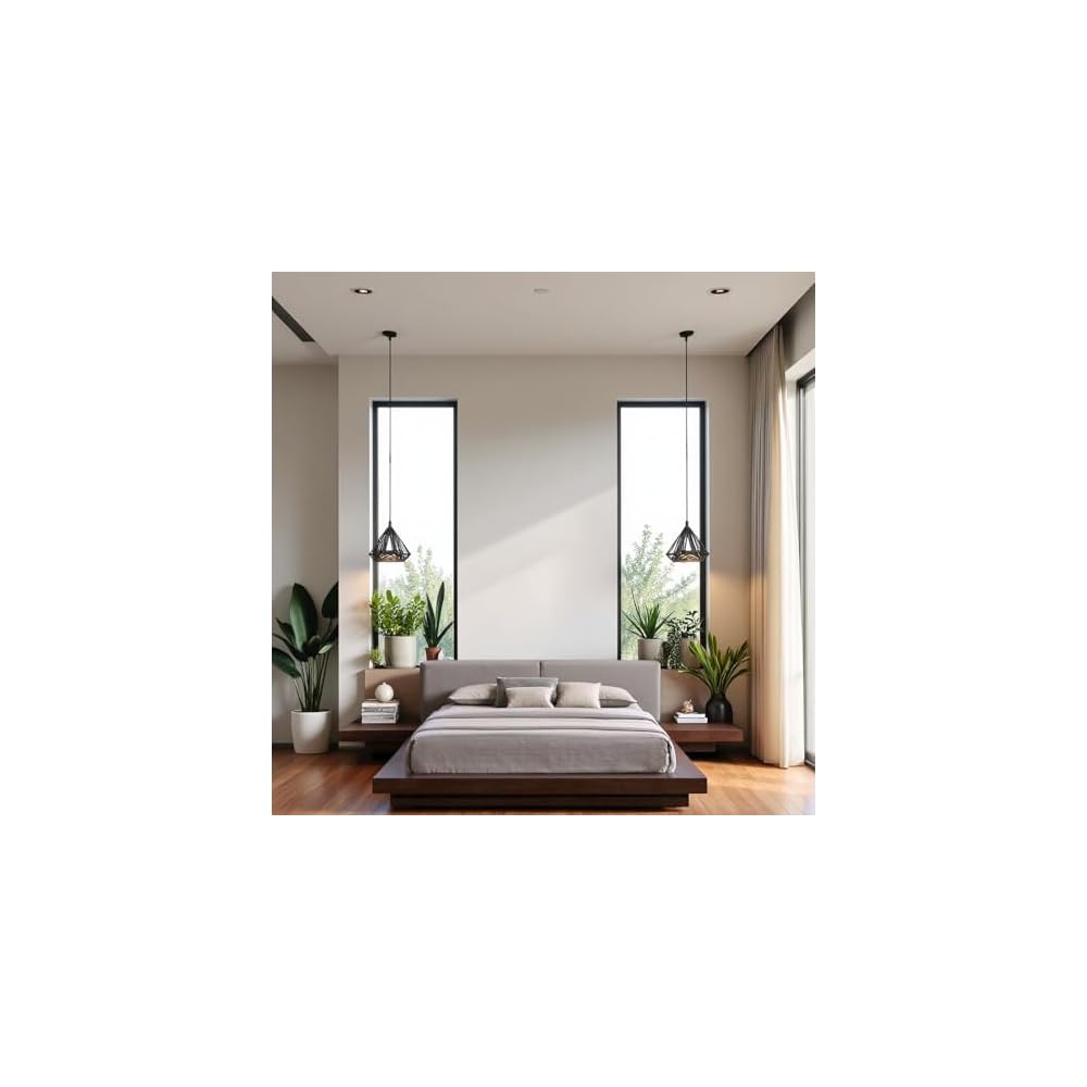 Eastern Queen Bed Frame, Solid Acacia Wood with American Walnut Finish, Low Profile King Platform Bed with Floating Nightstands and Headboard