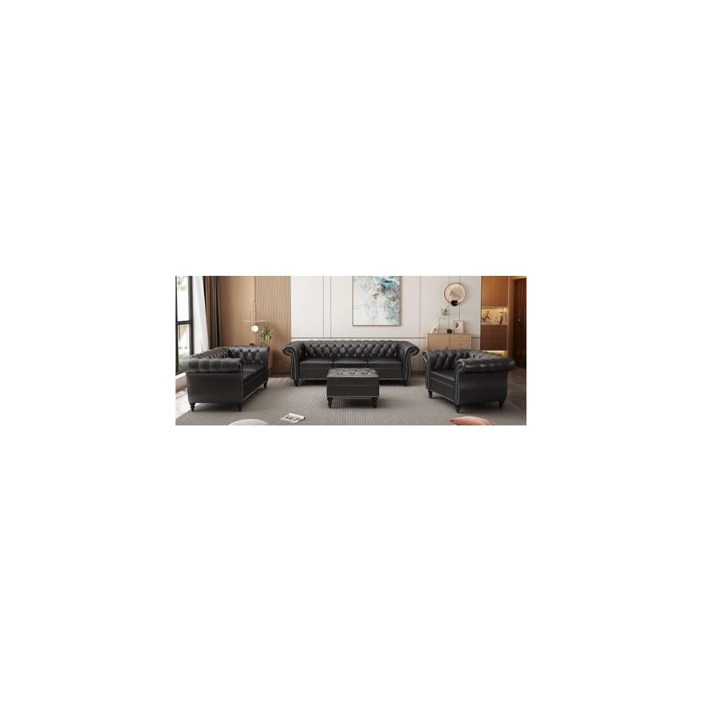 2-Piece Living Room Sectional Sofa Set, Upholstered Sofa Modern Sofa Couches Set Style Button Tufted, PU Chesterfield Sofa for Living Room Apartment, 2+3 Seat PU Black