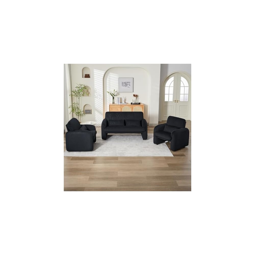 Corduroy Accent Living Room Sets, Modern Upholstered Love Seat with 2 Accent Chairs, Wide Comfy Leisure Chair Sets for Bedroom, Office, Black