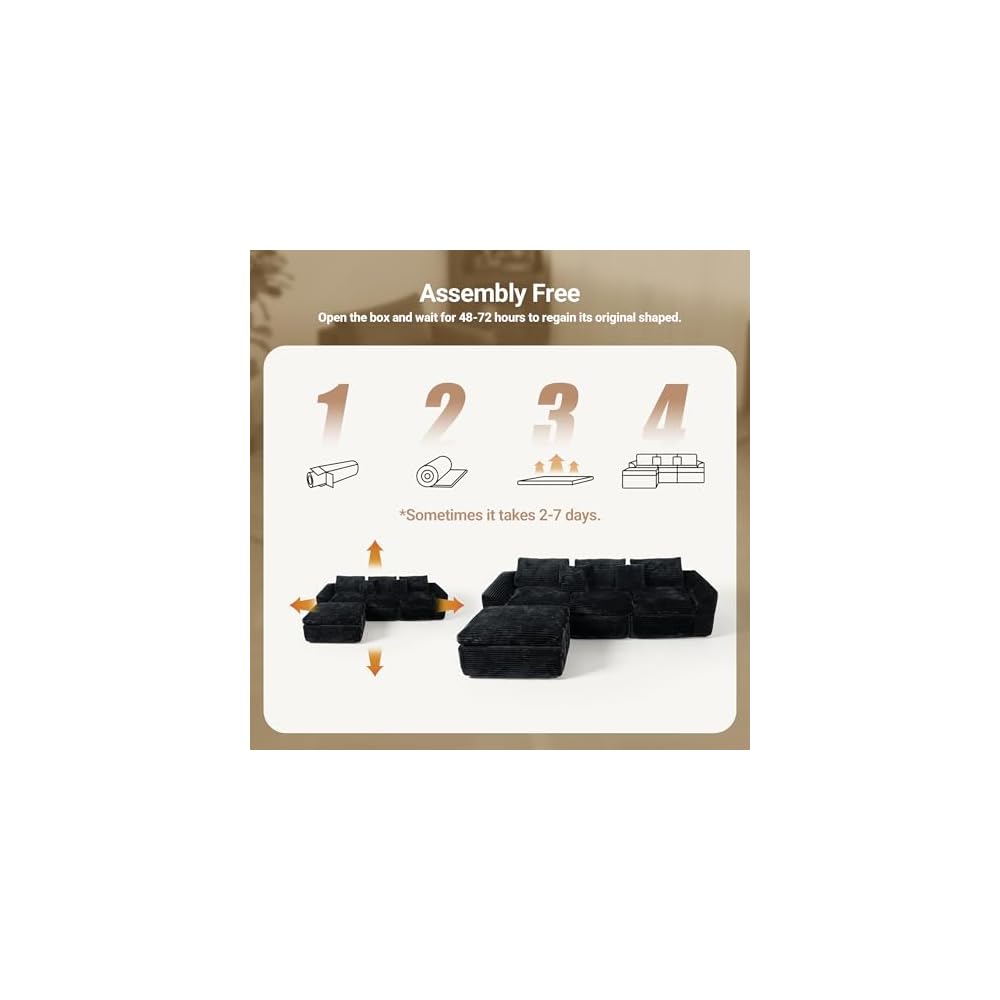 Boneless L-Shaped Modular Couch - 108 Inch,Black