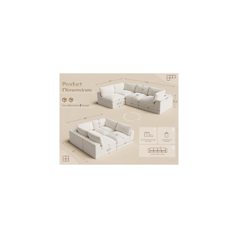 120" Cloud Sectional Couches for Living Room | Oversized Boneless Modular Sofa with 4 Seat L-Shaped Design | Deep Seat Chenille Couch | Ivory White