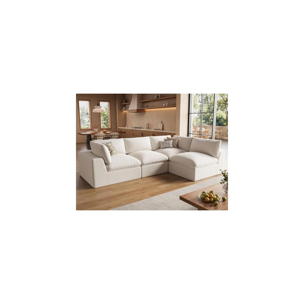 120" Cloud Sectional Couches for Living Room | Oversized Boneless Modular Sofa with 4 Seat L-Shaped Design | Deep Seat Chenille Couch | Ivory White