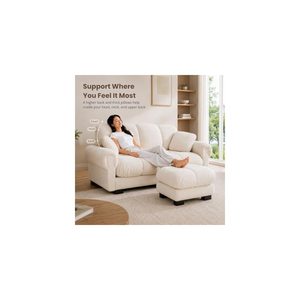 Modular Sectional Couch, 76.3-Inch 2 Seater Chenille Cloud Couch with High Back, Thick Pillows, Hook-and-Loop Cushion Fasteners, Easy 20-Minute Assembly for Living Room, 1 Ottoman, White