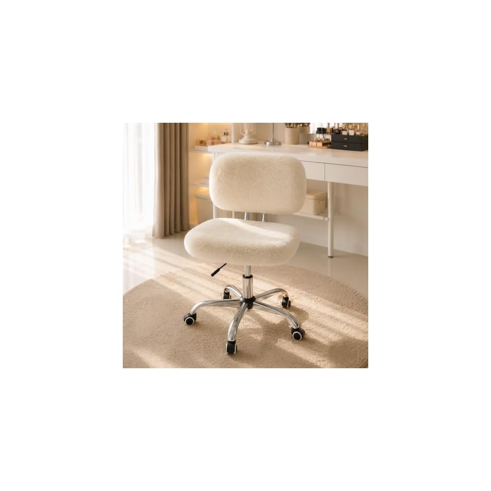 Vanity Chair with Wheels, Small Faux Fur Makeup Chair with Back Support for Bedroom & Dressing Room, Adjustable Swivel Rolling Chair, Armless, 10-Min Assembly, Pink