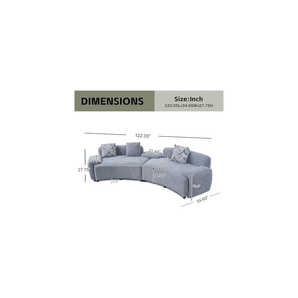 Verie 122" Modular Sectional Sofa Couch, Wooden Home Sofa Living Room, Comfy Cloud Couch with Accent Pillows for Bedroom, Home Office, Gray Blue
