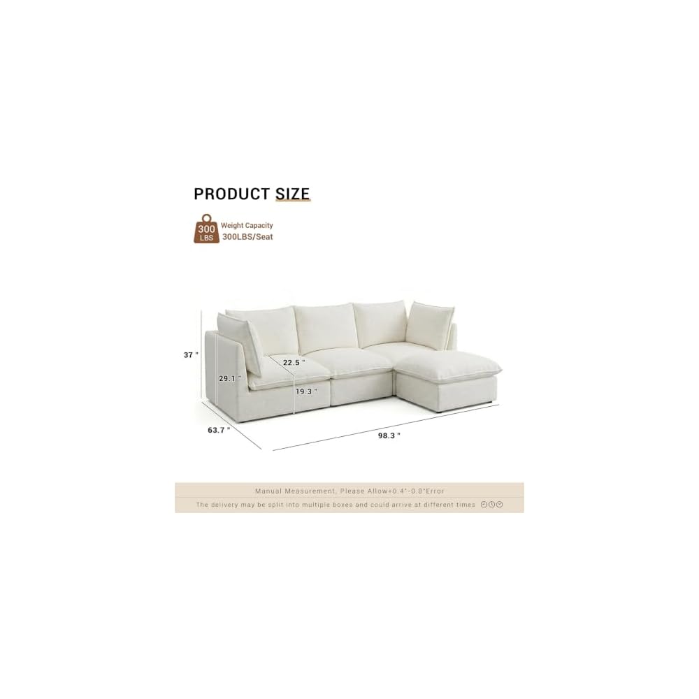 Waterproof Cloud Modular Sectional Sofa, 94.6" Down Filled Cloud Couches for Living Room, 4 Seater Modular Couch with Removable Covers, High Backrest, Cream White Linen Blend Spill-Proof Fabric